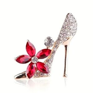 Rhinestone High Heel Brooch – Red Flower Shoe Pin, Sparkly Fashion Accessory